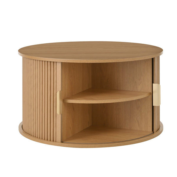 English Elm [Assembly Mid-Century Coffee Table Set with Tambour Sliding Doors, Fluted Round End Table, Gold Handles, Versatile Storage and Stylish Wooden Finish Natural N721P351940D