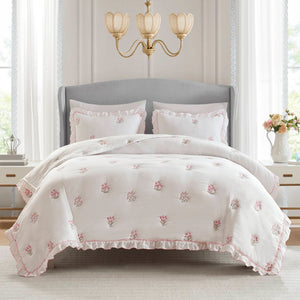 English Elm 3-piece Floral Embroidered Quilt Set Ruffled Trim Romantic Bedding for Full Queen Beds White+Pink B035P463192