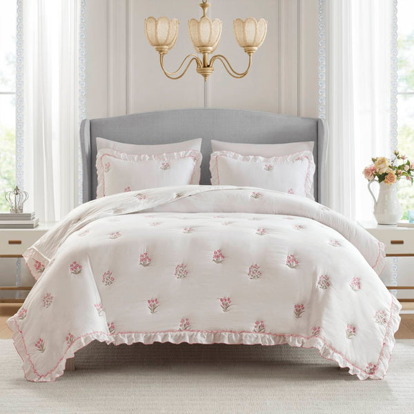 English Elm 3-piece Floral Embroidered Quilt Set Ruffled Trim Romantic Bedding for Full Queen Beds White+Pink B035P463192
