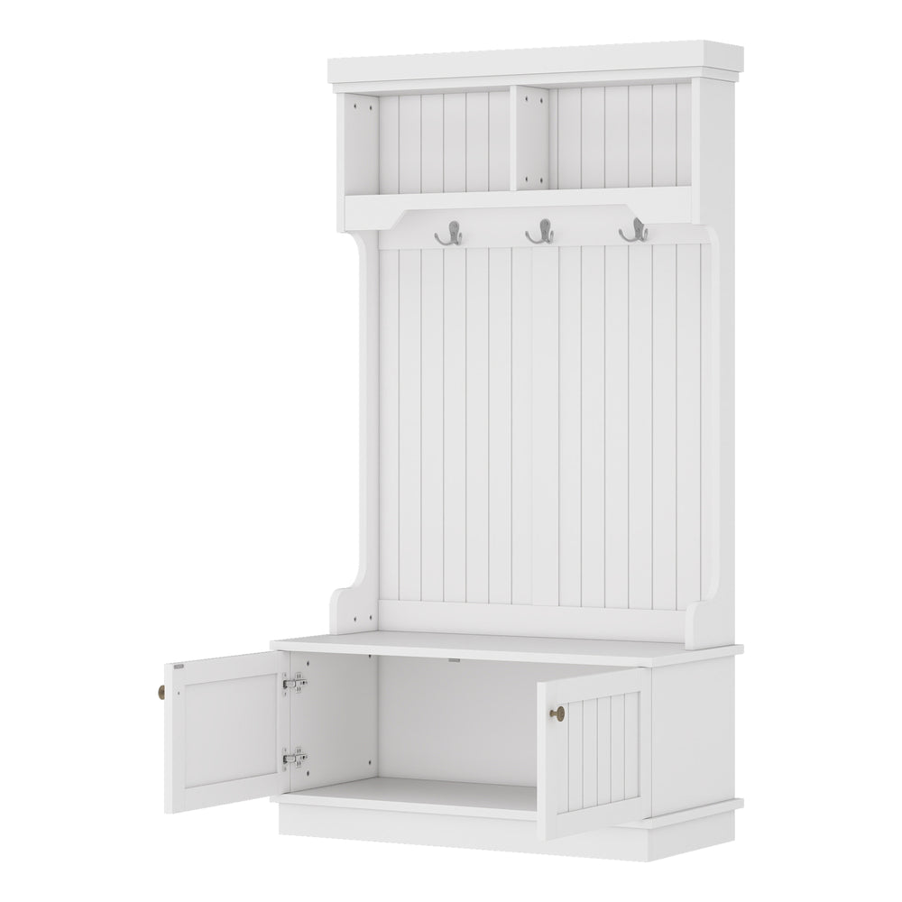 English Elm Hall Tree Entryway Organizer with Shoe Bench and 4-in-1 Coat Rack Hooks, Elegant Storage for Hallways White W1580P327001