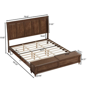 English Elm Queen Sleigh Bed Solid Rubberwood Walnut Finish Curved Headboard Footboard Storage Bench Walnut Brown W1716S00036