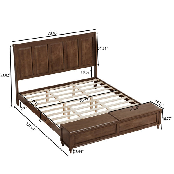English Elm Queen Sleigh Bed Solid Rubberwood Walnut Finish Curved Headboard Footboard Storage Bench Walnut Brown W1716S00036