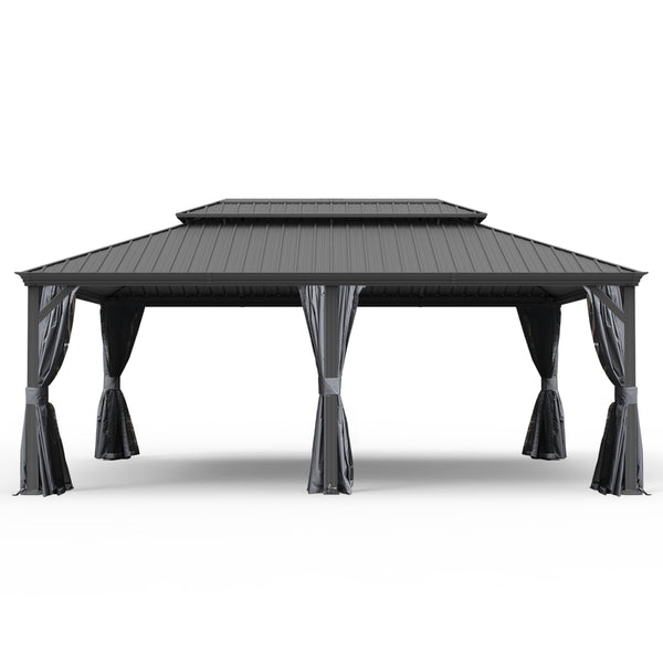 English Elm 14' X 20' Hardtop Gazebo – Stylish Metal Canopy With Drainage System, Privacy Curtains & Insect Netting W1859S00151