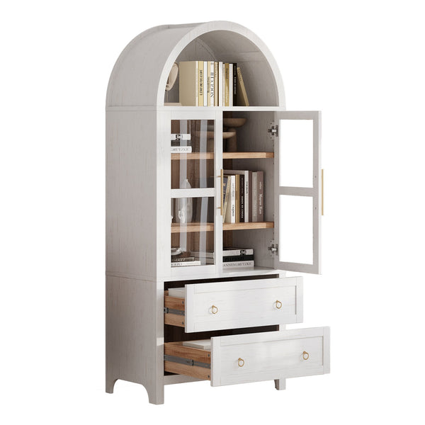 English Elm K&K 71" Arched Kitchen Pantry Cabinet with Glass Doors, Adjustable Shelves, Soft-Close Drawers White N707P288972W