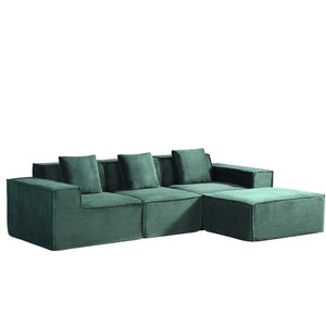 English Elm CozyForm Corduroy Convertible Sectional Sofa with Ottoman and Pillows, Modular L‑Shape Sleeper Comfort Dark Green B2735S00032