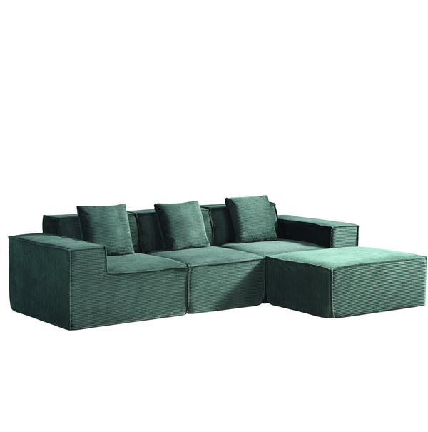 English Elm CozyForm Corduroy Convertible Sectional Sofa with Ottoman and Pillows, Modular L‑Shape Sleeper Comfort Dark Green B2735S00032