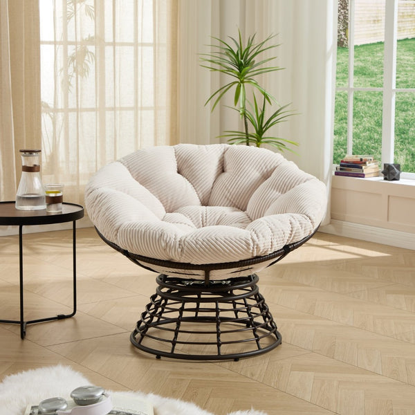 English Elm Comfortable Wicker Papasan Swivel Chair Rattan Frame with Plush Corduroy Cushion W640P443555