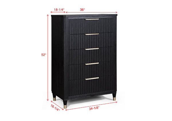 English Elm 1pc Contemporary 5-Drawer Tall Chest with Metal Knobs, Sleek Modern Finish for Stylish Bedroom Storage Black 39 L x 21.3 W x 54 H B011P240207