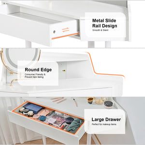English Elm Modern Corner Makeup Vanity Desk with 360° Rotating LED Mirror, Drawer, Cabinet & Cushioned Stool N844P263664A