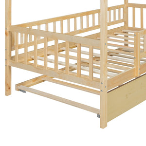 English Elm Twin House Bed with Trundle Solid Pine Frame Walnut Kids Bedroom Sleepover N708P357115N