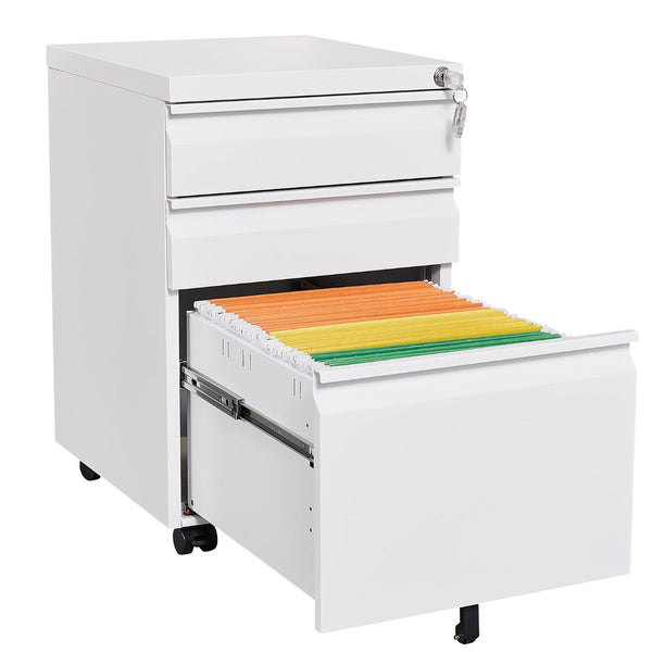 English Elm 3-drawer Rolling Steel File Cabinet Fully Assembled with Lock and Pen Tray for Office White T3625P495644