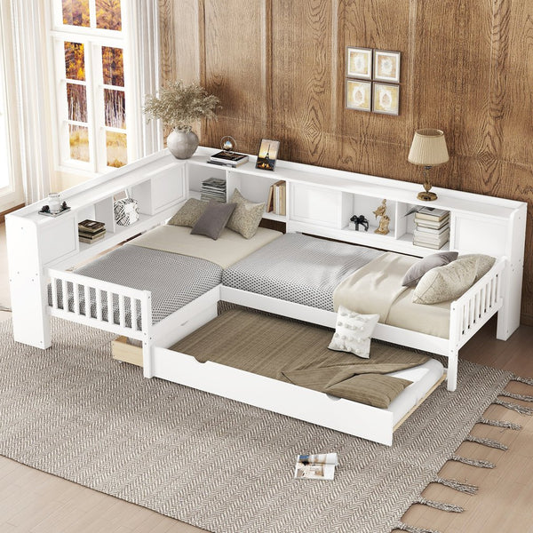 English Elm L-shaped Twin Platform Bed with Trundle, Solid Wood Corner Sleeper with Drawers, Shelves, No Box Spring Needed White W1580S00259