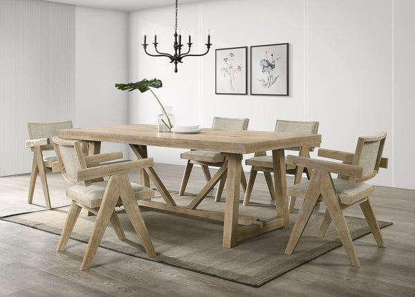 English Elm Contemporary Oak Veneer 7-Piece Dining Set With 6 Upholstered Arm Chairs For Modern Dining Rooms B2741S00013