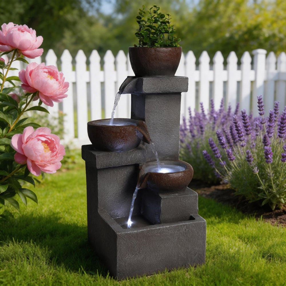 English Elm Outdoor Cascading Tiered Resin Stone Fountain with Led Lights and Integrated Planter W5397P462032