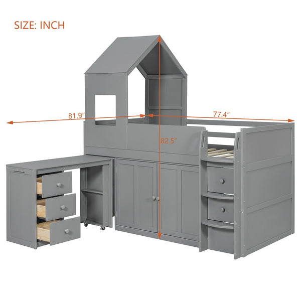 English Elm Twin House Loft Bed with Pull Out Rolling Desk Stair Drawers and Cabinet Storage Gray N820S00072E