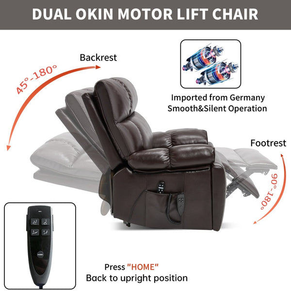 English Elm Brown Leatheraire Power Lift Recliner Dual Motor Massage Heat Heavy Duty 350lb W1803P340308