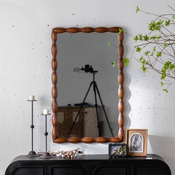 English Elm Mid-Century Solid Wood Frame Mirror, Irregular Edge Design, HD Non-Distorting Glass for Home Decor W3158P297411