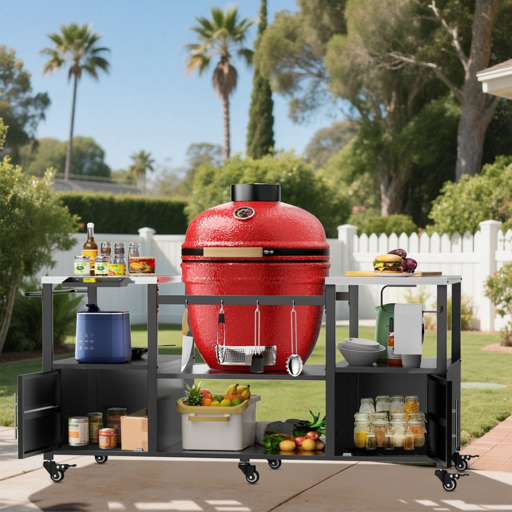 English Elm Outdoor Heavy Duty Steel Kamado Grill Cart with Locking Casters and Storage Boxes W3190P305792