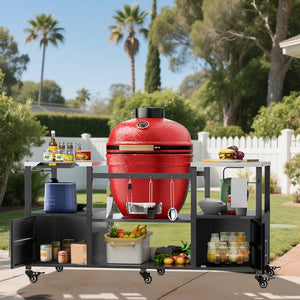 English Elm Outdoor Heavy Duty Steel Kamado Grill Cart with Locking Casters and Storage Boxes W3190P305792