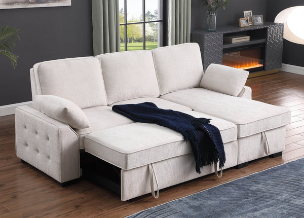 English Elm Mackenzie Chenille Fabric Reversible Sleeper Sectional with Storage Chaise, Drop-Down Console and USB Charging Ports Beige B061S00935