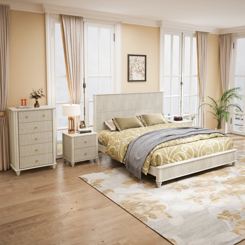 English Elm 4-piece King Bedroom Set Wavy Fluted Panel Solid Wood Dresser Nightstands Beige W1716S00029