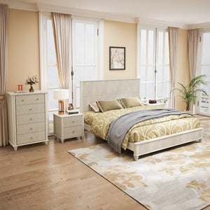 English Elm 4-piece King Bedroom Set Wavy Fluted Panel Solid Wood Dresser Nightstands Beige W1716S00029