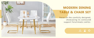 English Elm Table and Chair Set Extendable Mdf Round Oval Dining with Gold Arched Legs White+Gold W1151S03950