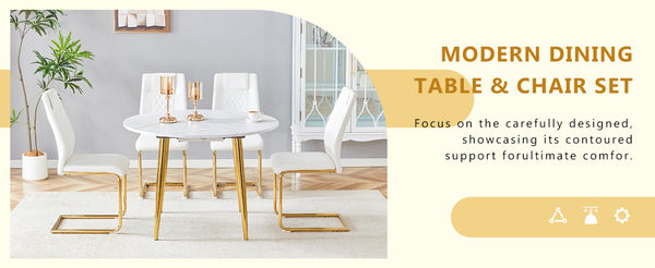 English Elm Table and Chair Set Extendable Mdf Round Oval Dining with Gold Arched Legs White+Gold W1151S03950