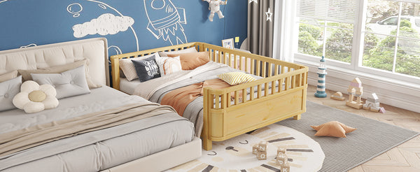 English Elm Full Full Size Wood Platform Bed for Kids with Guardrail, Solid Pine Construction, Low Profile, 350LB Capacity, Natural Finish W2593P367066