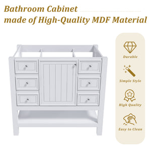 English Elm 36-inch white bathroom vanity without sink — solid wood frame, 1 cabinet, 3 drawers, quiet hardware, shelf W509P347341