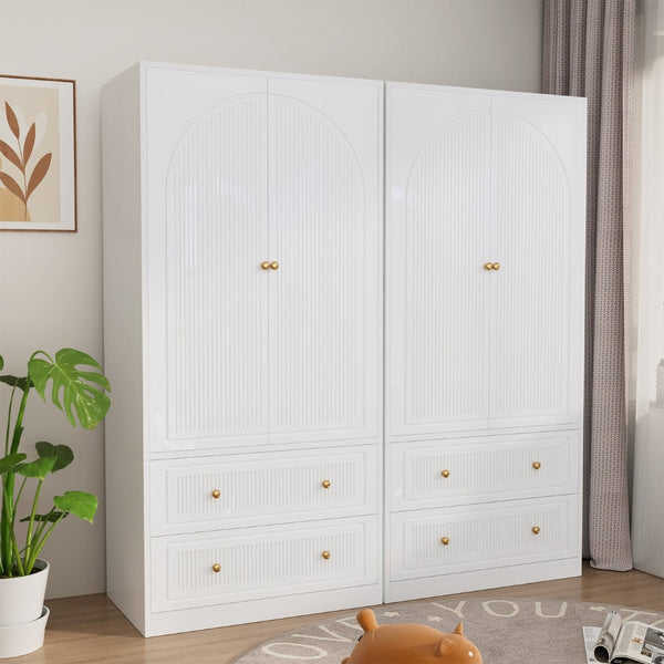 English Elm Armoire Wardrobe with Soft Close Doors Two Drawers Mdf Wood Bedroom Storage White T3773P416712