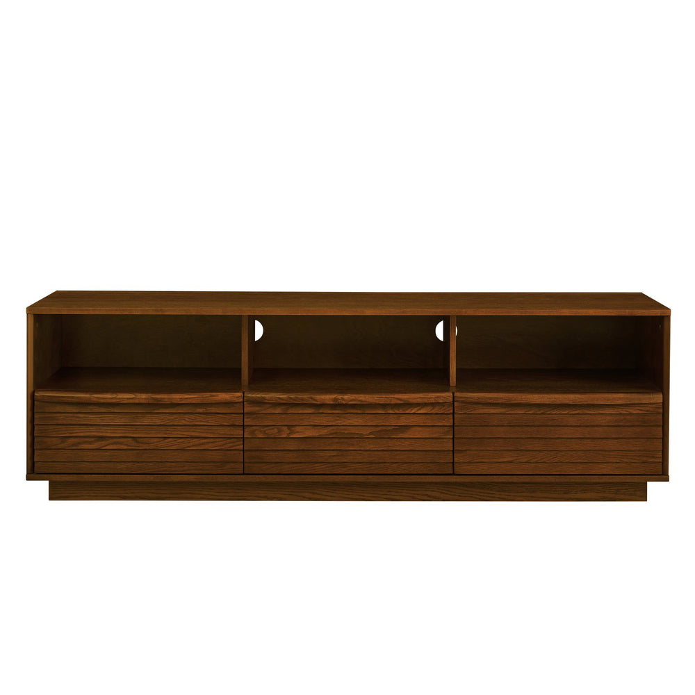 English Elm 63" Mid-Century Modern TV Stand for TVs up to 75" - Walnut Louver Media Console with Solid Wood Drawers, Outlet Holes, Spacious Storage and Durable P2 MDF Finish W1801P288509
