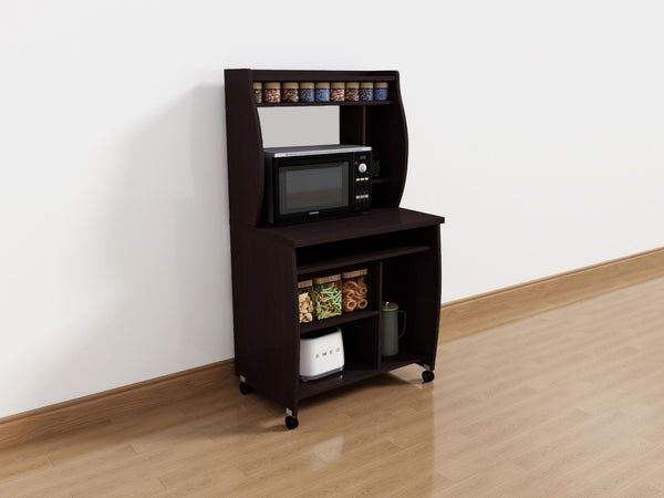 English Elm Microwave Rolling Cart with Hutch Shelves Sliding Tray and Locking Wheels for Kitchen Espresso B107P306190