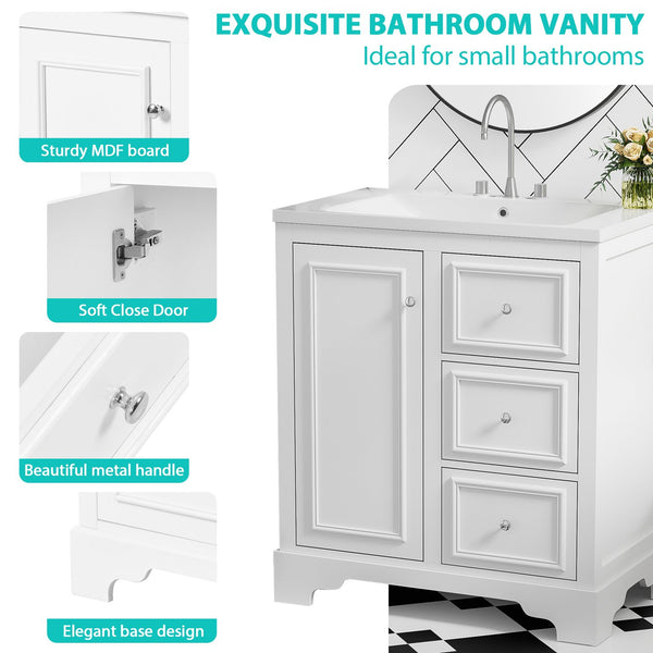 English Elm 30-Inch elegant bathroom vanity with ceramic basin, soft-close drawers, adjustable shelves, durable finish White N729P176237K