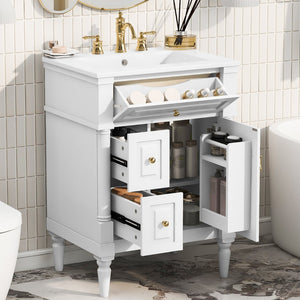 English Elm 24 Inch Freestanding Vanity with Ceramic Sink Rubberwood Frame Matte Finish Storage White N725P356058K