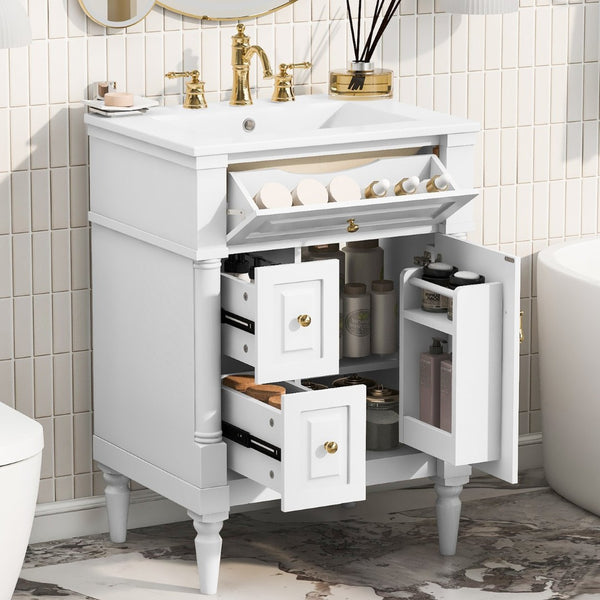 English Elm 24 Inch Freestanding Vanity with Ceramic Sink Rubberwood Frame Matte Finish Storage White N725P356058K