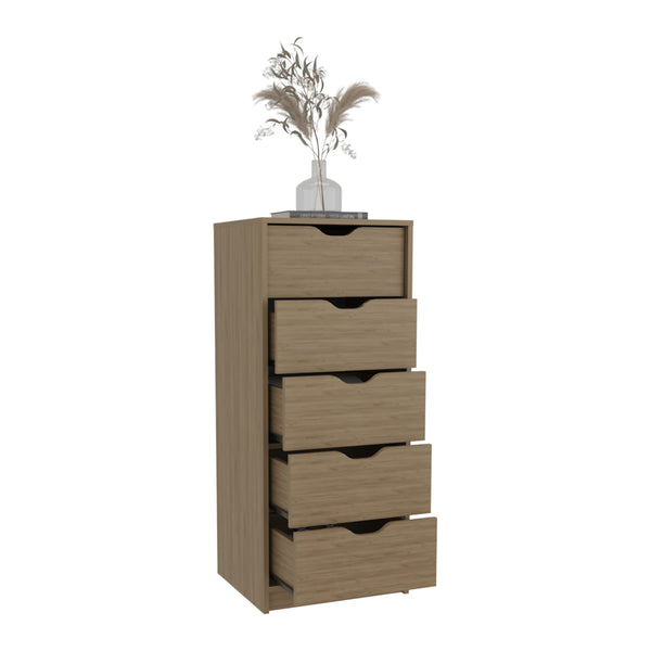 English Elm Basilea Slim Tall Dresser with Smooth Pull-Out System, 5 Spacious Drawers in Natural Oak Finish B200P335295