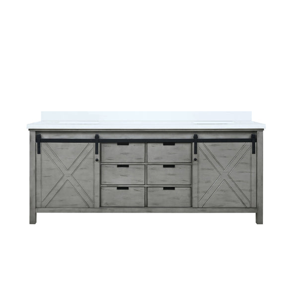English Elm Ash Grey Double Bath Vanity 80 in W x 22 in D with White Quartz Top, Soft-Close Drawers & Ample Storage B2731P261003