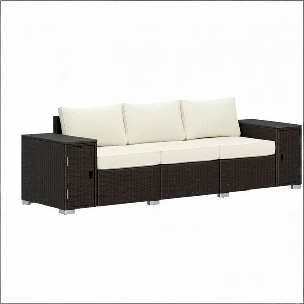 English Elm Comfortable Pe Wicker Outdoor Sofa with Hidden Storage Armrests and Steel Frame Patio Seating Brown,Cream White T3971S00247