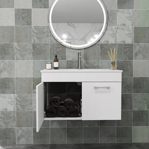 English Elm 32-Inch Wall-Mounted Bathroom Vanity With Ceramic Sink, Soft-Close Doors & Modern Glossy Finish W3151S00026