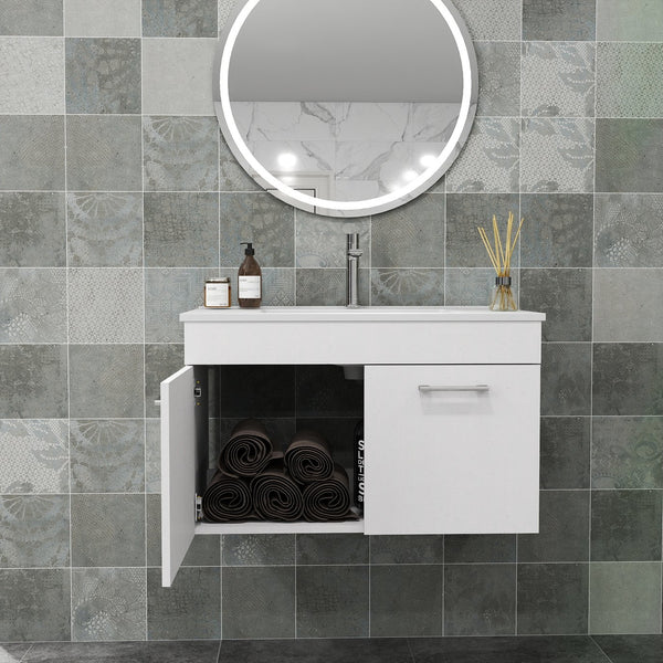 English Elm 32-Inch Wall-Mounted Bathroom Vanity With Ceramic Sink, Soft-Close Doors & Modern Glossy Finish W3151S00026