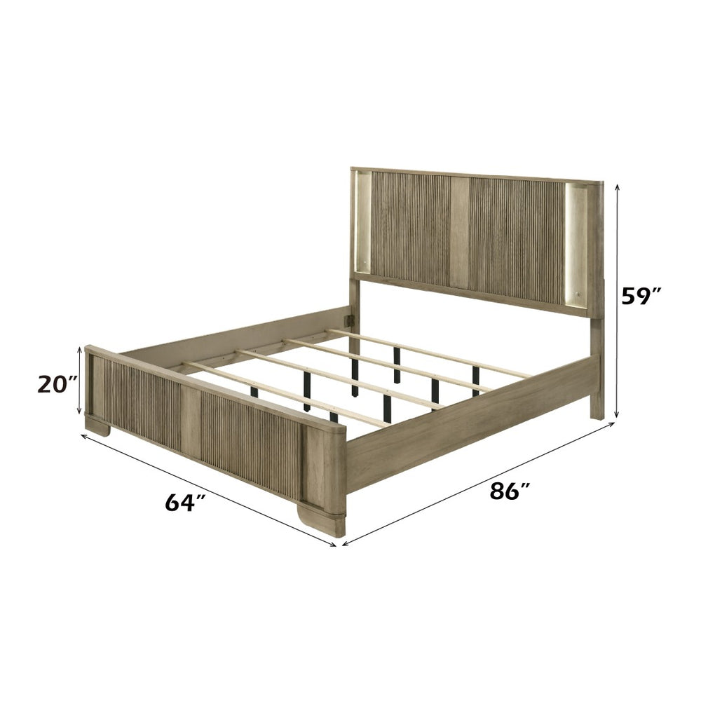 English Elm Lakkari Antique Oak Queen Bed Paneled Headboard Led Lighting Elevated Frame B2756S00011