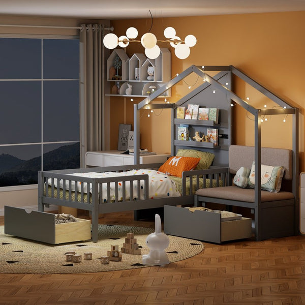 English Elm Twin House Bed Frame with Sofa Seating Led Lighting Drawers and Wireless Charging LP000521AAE-1