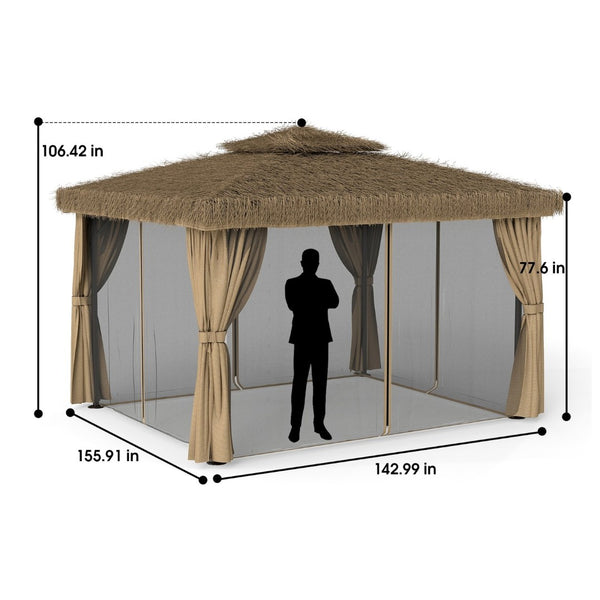 English Elm Outdoor Hawaiian Tiki Gazebo with Pe Thatch Roof Aluminum Frame and Mosquito Net T3963S00001