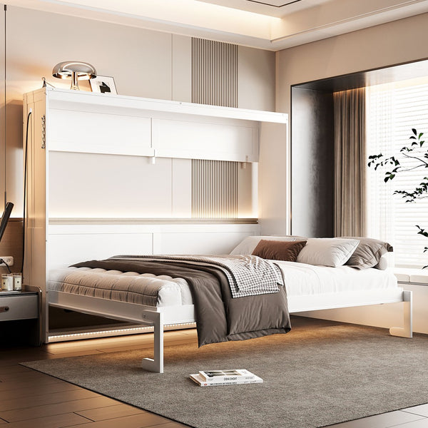 English Elm Queen-size Murphy Wall Bed with Led Ambient Lighting Usb Outlet and Graphic Panel White LP000357AAK