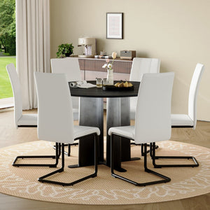 English Elm Modern Round Pedestal Dining Set Seats Six with Gradient Base and Pu Upholstered Chairs W3875S00075