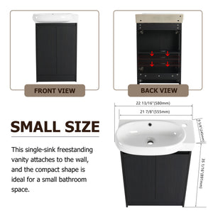 English Elm 23" Freestanding Bathroom Vanity with Ceramic Vessel Sink, Soft-Close Doors, Adjustable Shelf Storage Black Chestnut W999P206107