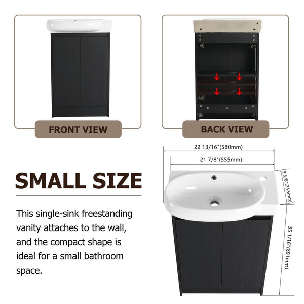 English Elm 23" Freestanding Ceramic Vessel Sink Vanity with Soft Close Cabinet and Wall Rack Black Chestnut,Glossy White W999S00492