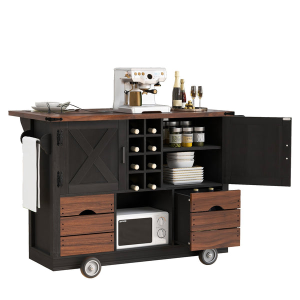 English Elm K&K 54" Farmhouse Kitchen Island Cart with Drop Leaf, Wine Rack, Power Outlet and Rolling Storage Black N707P349814B