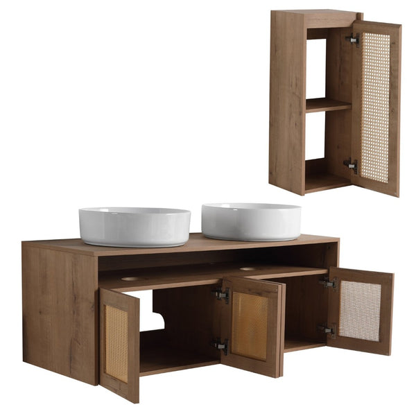 English Elm 48" Floating Bathroom Vanity Oak Finish Dual Ceramic Sinks Four Soft Close Doors W999S00498